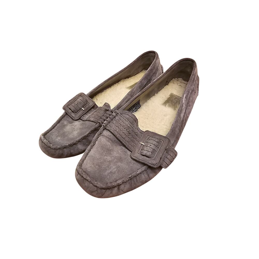 Women's UGG gray Suede Sheepskin Buckle Driving Mocs Loafers size 8
